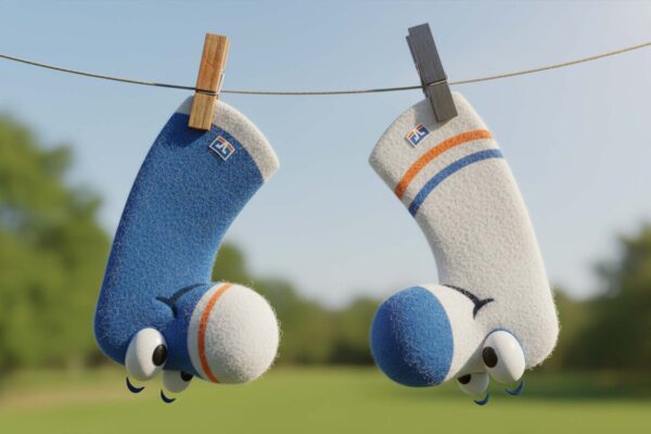 Wir hängen unsere alten Socken zum trocknen auf.